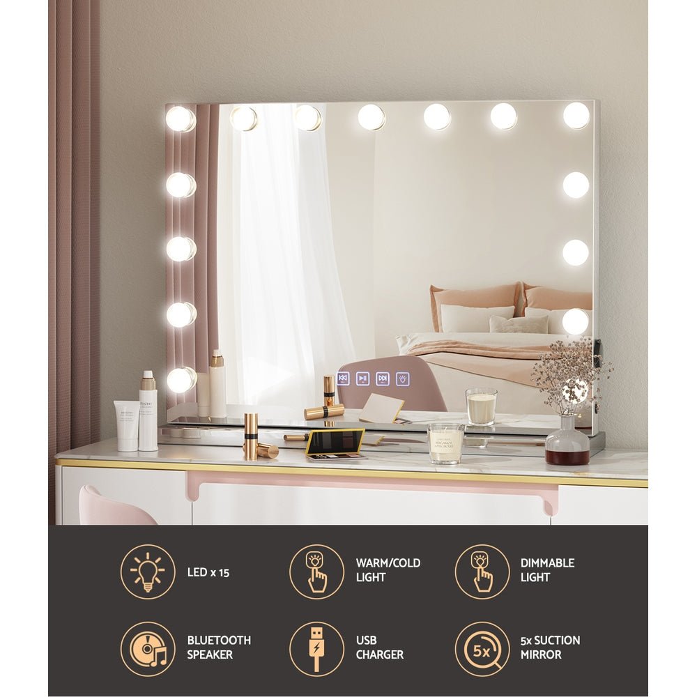 Bluetooth Makeup Mirror 58X46cm Hollywood with Light Dimmable 15 LED - Furniture > Bathroom - Rivercity House & Home Co. (ABN 18 642 972 209) - Affordable Modern Furniture Australia