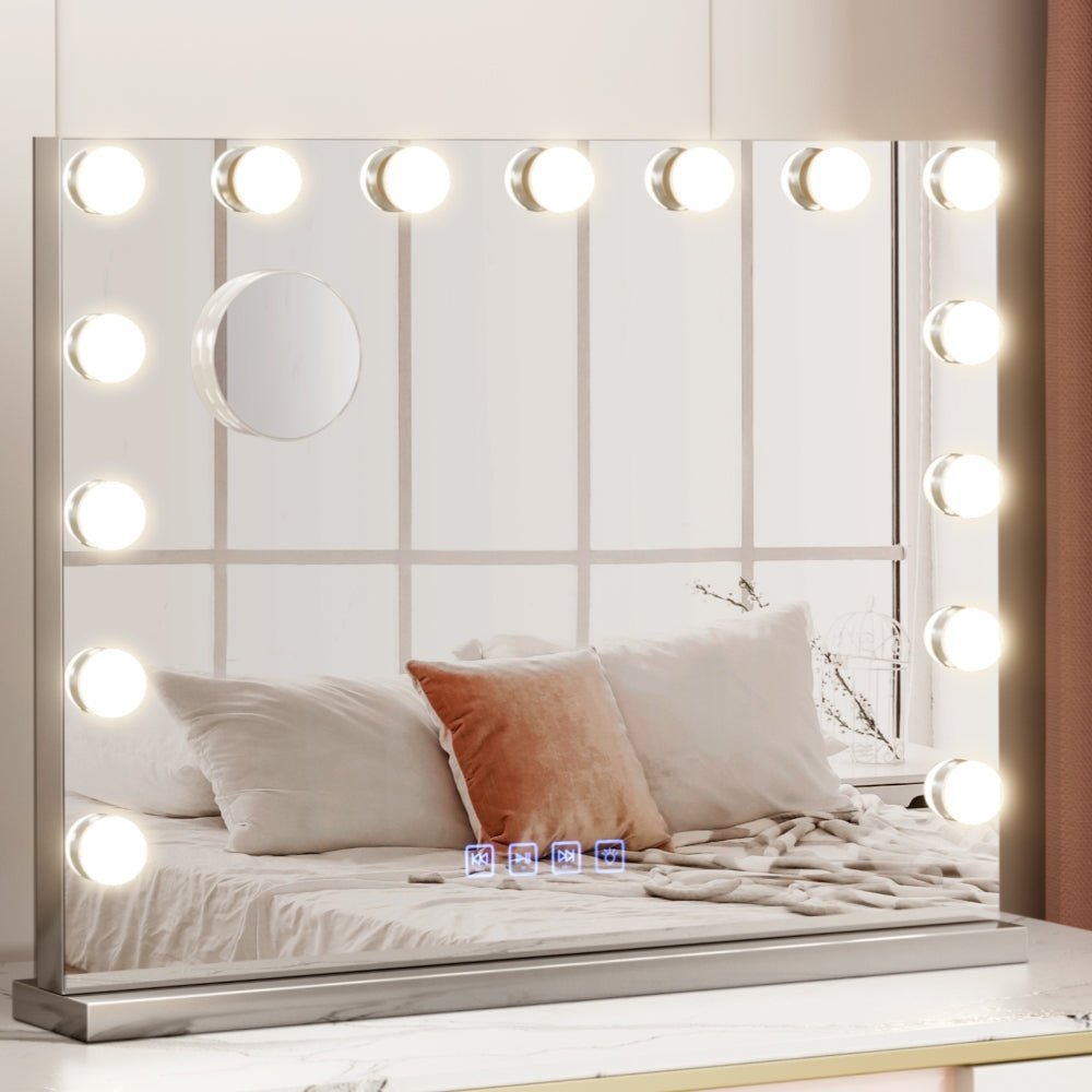 Bluetooth Makeup Mirror 58X46cm Hollywood with Light Dimmable 15 LED - Furniture > Bathroom - Rivercity House & Home Co. (ABN 18 642 972 209) - Affordable Modern Furniture Australia