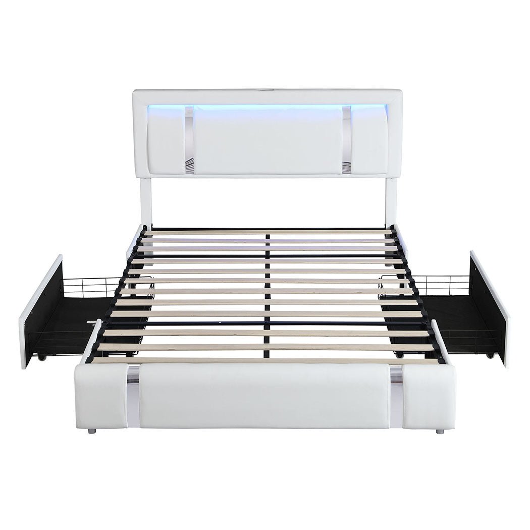 Brighton LED Storage King Bed Frame with USB Charging - White - Rivercity House & Home Co. (ABN 18 642 972 209) - Affordable Modern Furniture Australia