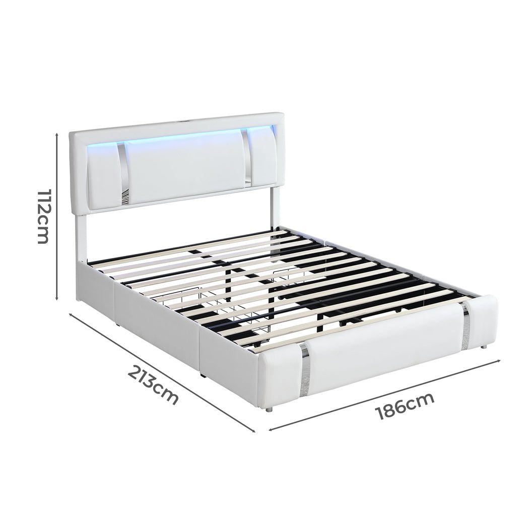 Brighton LED Storage King Bed Frame with USB Charging - White - Rivercity House & Home Co. (ABN 18 642 972 209) - Affordable Modern Furniture Australia