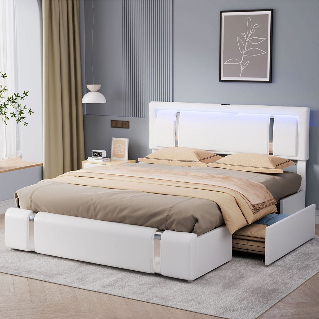 Brighton LED Storage King Bed Frame with USB Charging - White - Rivercity House & Home Co. (ABN 18 642 972 209) - Affordable Modern Furniture Australia