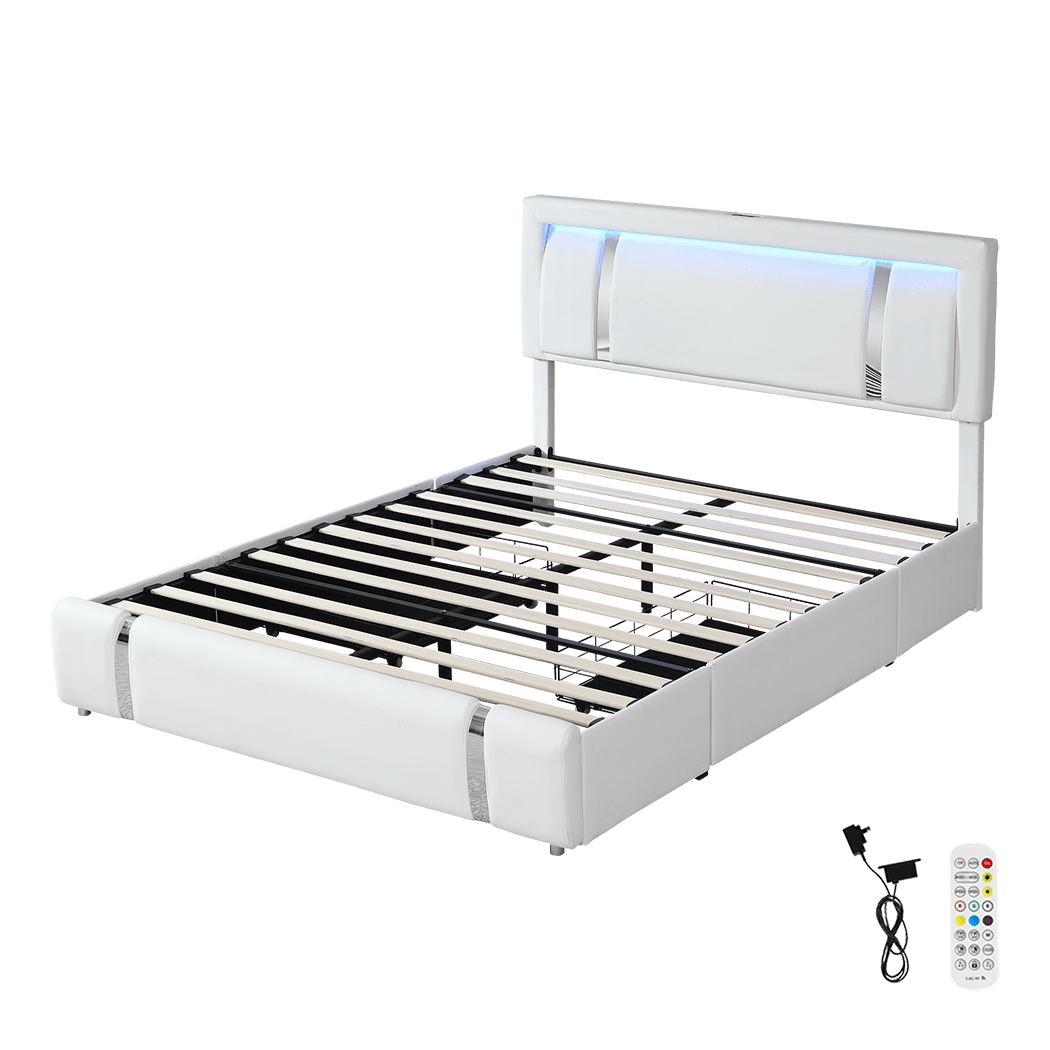 Brighton LED Storage King Bed Frame with USB Charging - White - Rivercity House & Home Co. (ABN 18 642 972 209) - Affordable Modern Furniture Australia