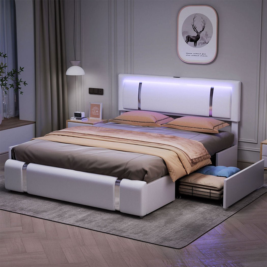 Brighton LED Storage King Bed Frame with USB Charging - White - Rivercity House & Home Co. (ABN 18 642 972 209) - Affordable Modern Furniture Australia