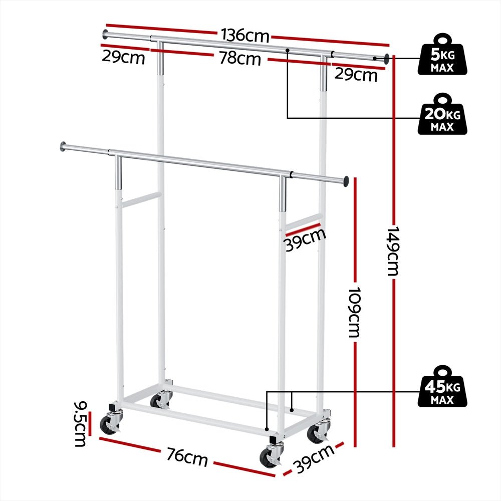 Clothes Rack Double Rod Airer Rail Coat Stand Adjustable Hanger - Furniture > Living Room > Coat Racks - Rivercity House & Home Co. (ABN 18 642 972 209) - Affordable Modern Furniture Australia