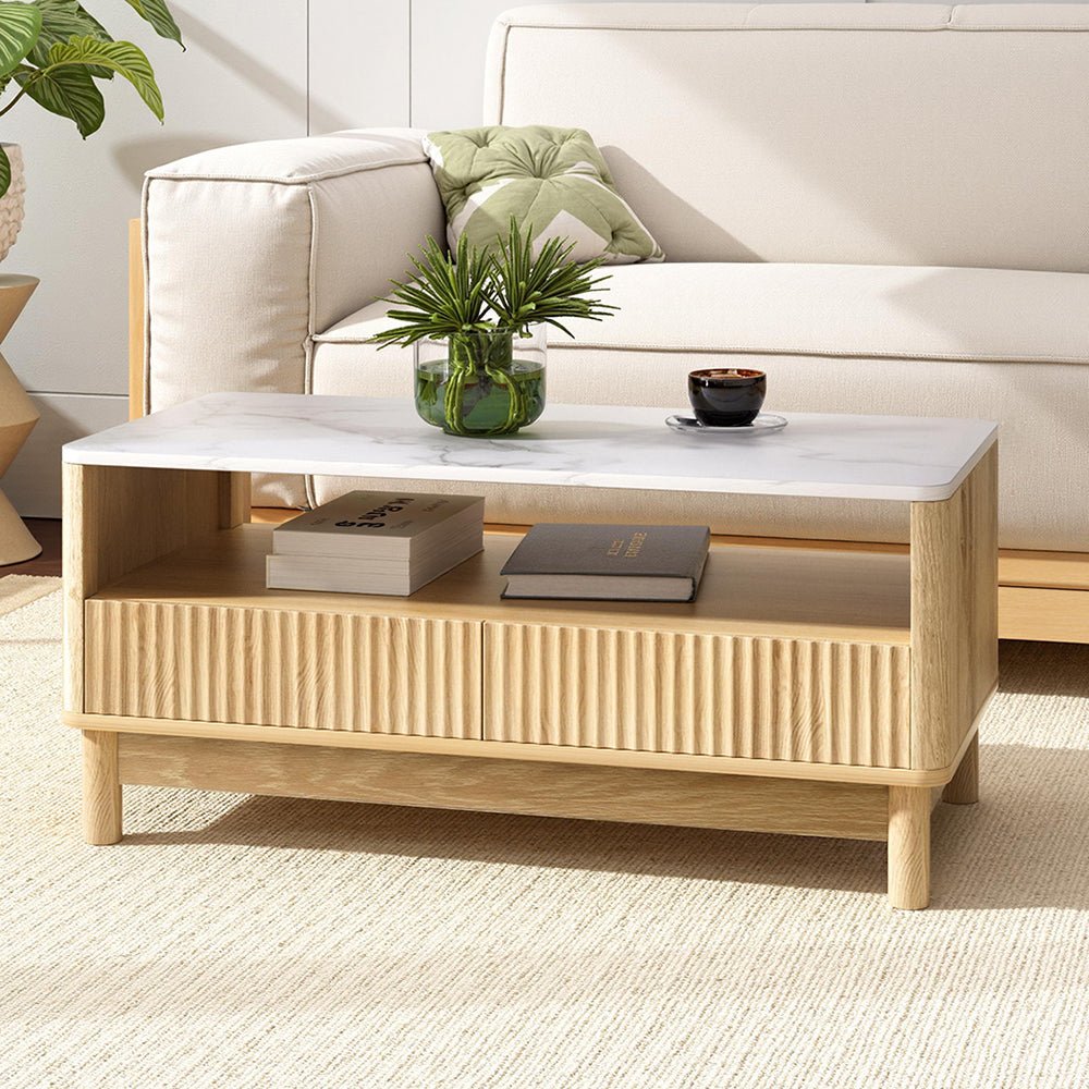 Coffee Table Drawer Shelf Marble Effect Wood&White - Furniture > Living Room > Coffee Tables - Rivercity House & Home Co. (ABN 18 642 972 209) - Affordable Modern Furniture Australia