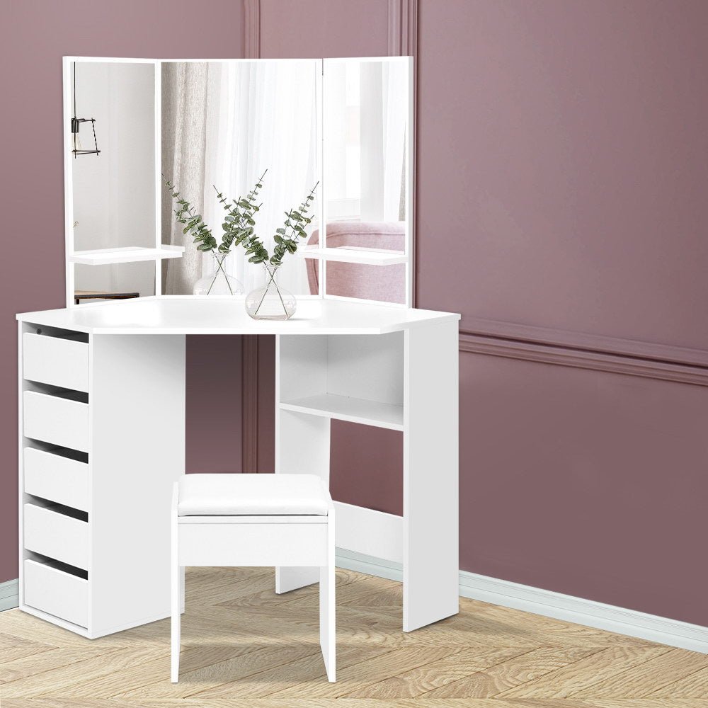 Corner Dressing Table With Mirror & Stool White - Rivercity House & Home Co. (ABN 18 642 972 209) - Affordable Modern Furniture Australia