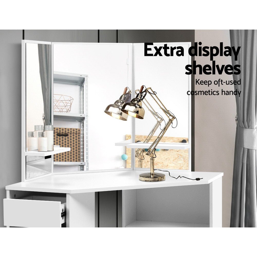 Corner Dressing Table With Mirror & Stool White - Rivercity House & Home Co. (ABN 18 642 972 209) - Affordable Modern Furniture Australia