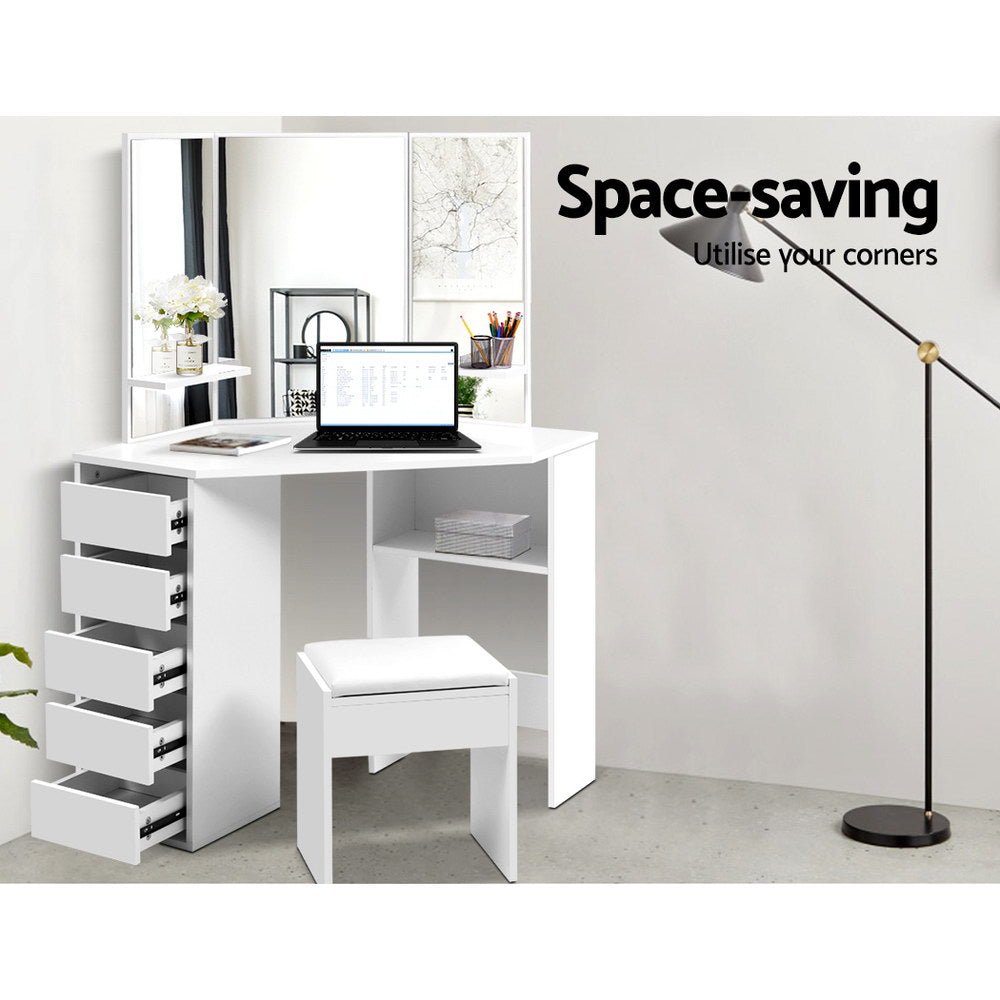 Corner Dressing Table With Mirror & Stool White - Rivercity House & Home Co. (ABN 18 642 972 209) - Affordable Modern Furniture Australia