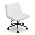 Criss Cross Wide Cross-Legged Office Desk Vanity Chair with Wheels, Armless Height Adjustable Swivel PU Leather - White