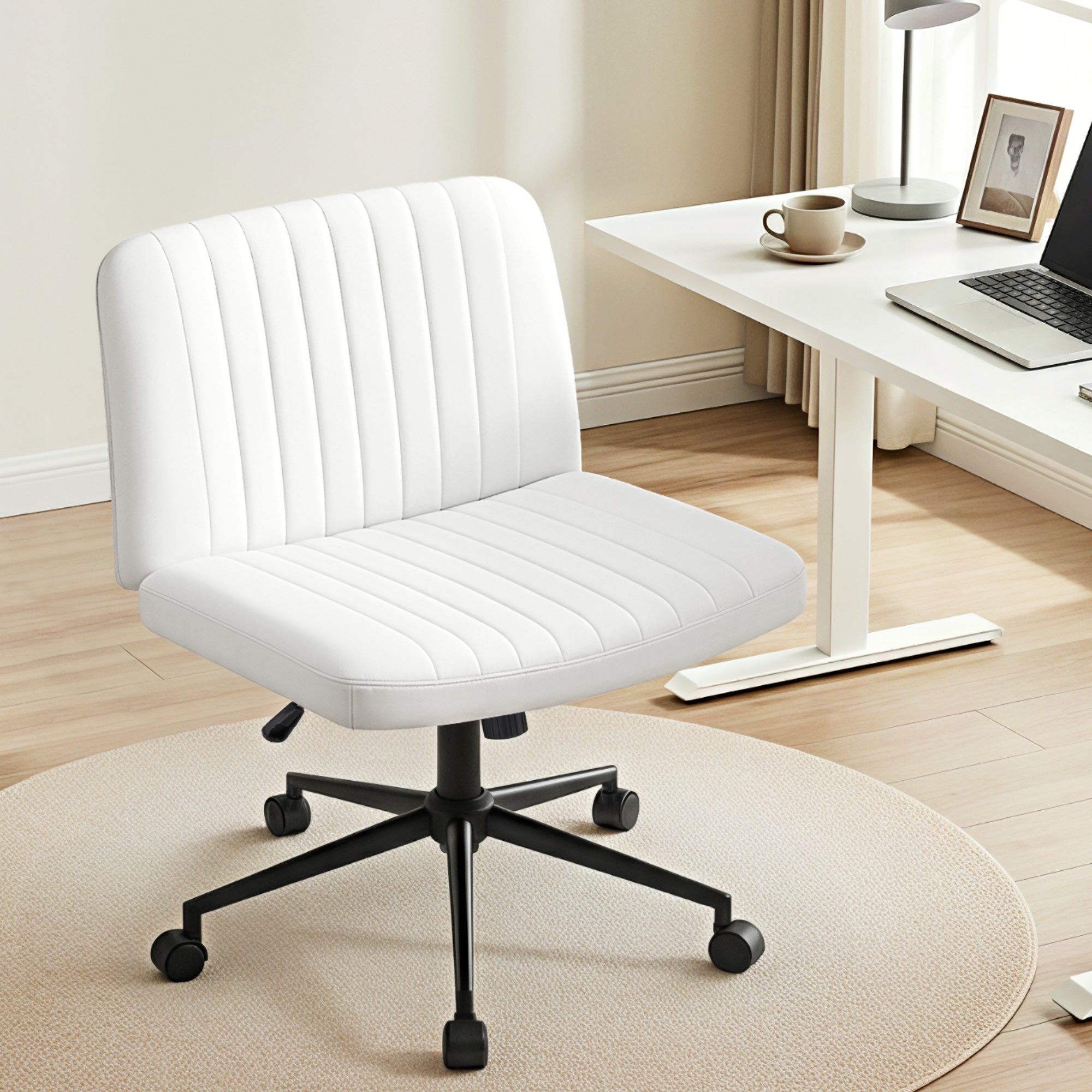 Criss Cross Chair with Wheels Wide Cross Legged Office Desk Vanity Chair PU Leather, Armless Height Adjustable Swivel Home Office Chair for Home Computer Task, White - Furniture > Office > Office & Desk Chairs - Rivercity House & Home Co. (ABN 18 642 972 209) - Affordable Modern Furniture Australia