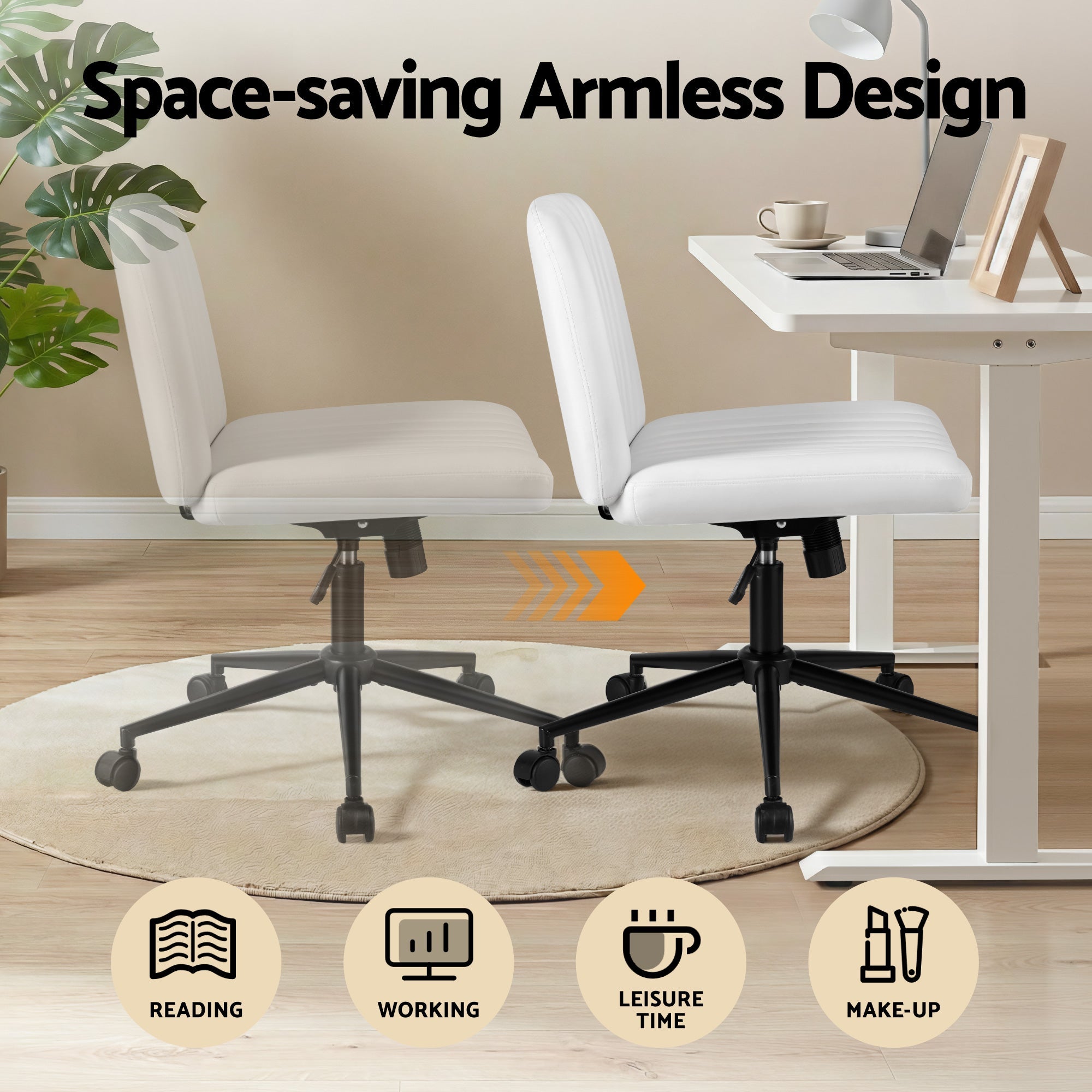 Criss Cross Chair with Wheels Wide Cross Legged Office Desk Vanity Chair PU Leather, Armless Height Adjustable Swivel Home Office Chair for Home Computer Task, White - Furniture > Office > Office & Desk Chairs - Rivercity House & Home Co. (ABN 18 642 972 209) - Affordable Modern Furniture Australia