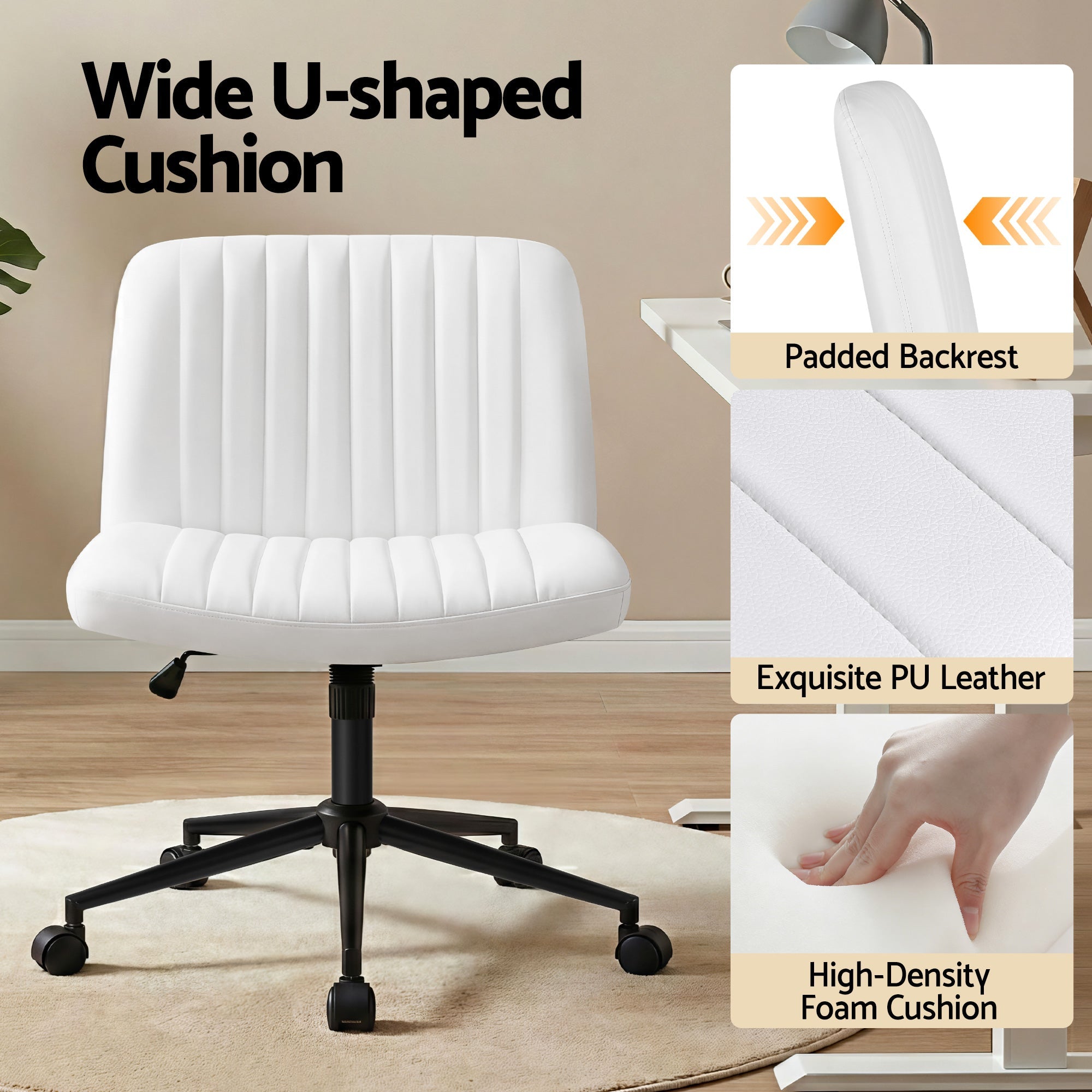 Criss Cross Chair with Wheels Wide Cross Legged Office Desk Vanity Chair PU Leather, Armless Height Adjustable Swivel Home Office Chair for Home Computer Task, White - Furniture > Office > Office & Desk Chairs - Rivercity House & Home Co. (ABN 18 642 972 209) - Affordable Modern Furniture Australia