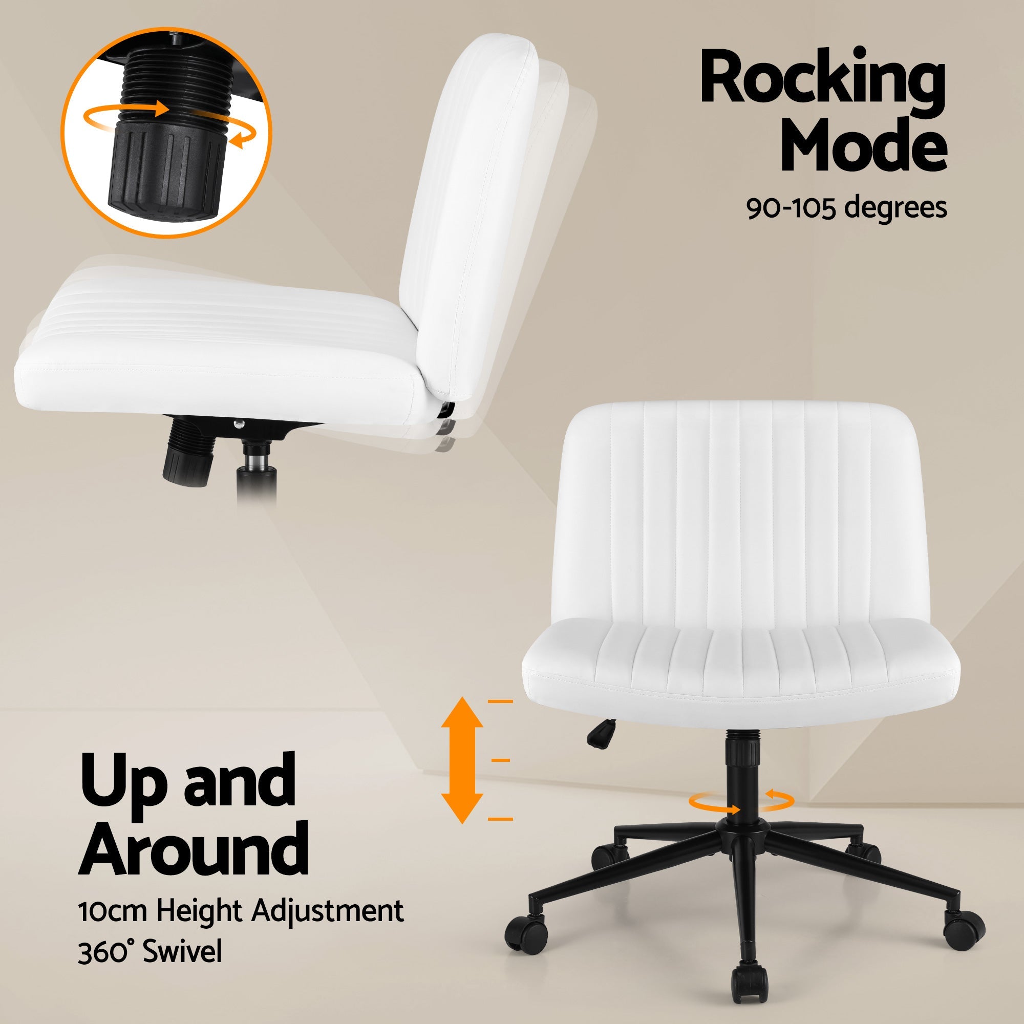 Criss Cross Chair with Wheels Wide Cross Legged Office Desk Vanity Chair PU Leather, Armless Height Adjustable Swivel Home Office Chair for Home Computer Task, White - Furniture > Office > Office & Desk Chairs - Rivercity House & Home Co. (ABN 18 642 972 209) - Affordable Modern Furniture Australia