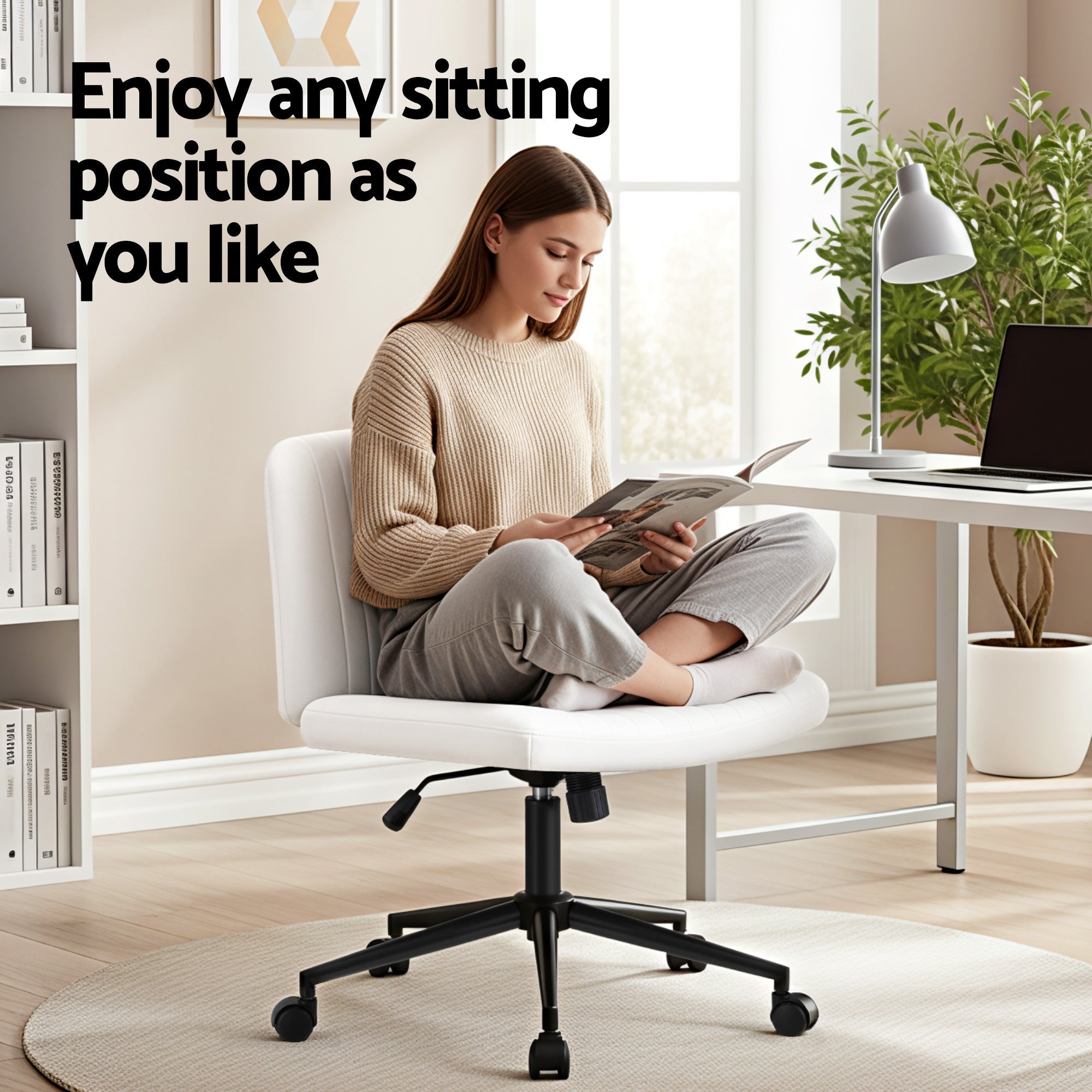 Criss Cross Chair with Wheels Wide Cross Legged Office Desk Vanity Chair PU Leather, Armless Height Adjustable Swivel Home Office Chair for Home Computer Task, White - Furniture > Office > Office & Desk Chairs - Rivercity House & Home Co. (ABN 18 642 972 209) - Affordable Modern Furniture Australia