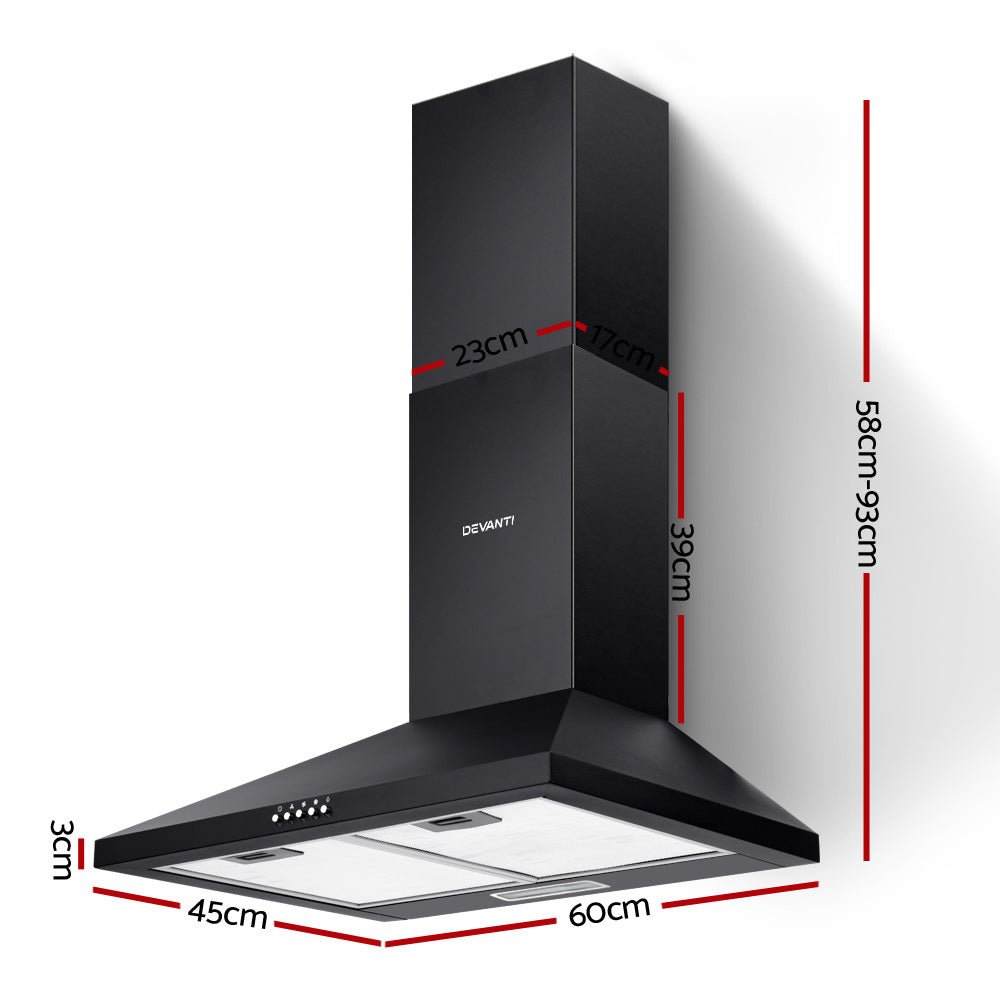 Devanti Pyramid Range Hood Rangehood 600mm 60cm Kitchen Canopy Black - Rivercity House & Home Co. (ABN 18 642 972 209) - Affordable Modern Furniture Australia