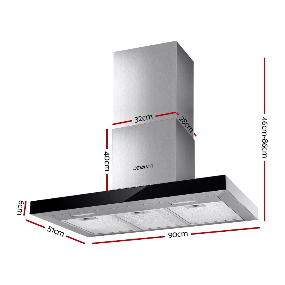 Devanti Range Hood 900mm Rangehood 90cm Stainless Steel Glass Kitchen Canopy Black - Rivercity House & Home Co. (ABN 18 642 972 209) - Affordable Modern Furniture Australia