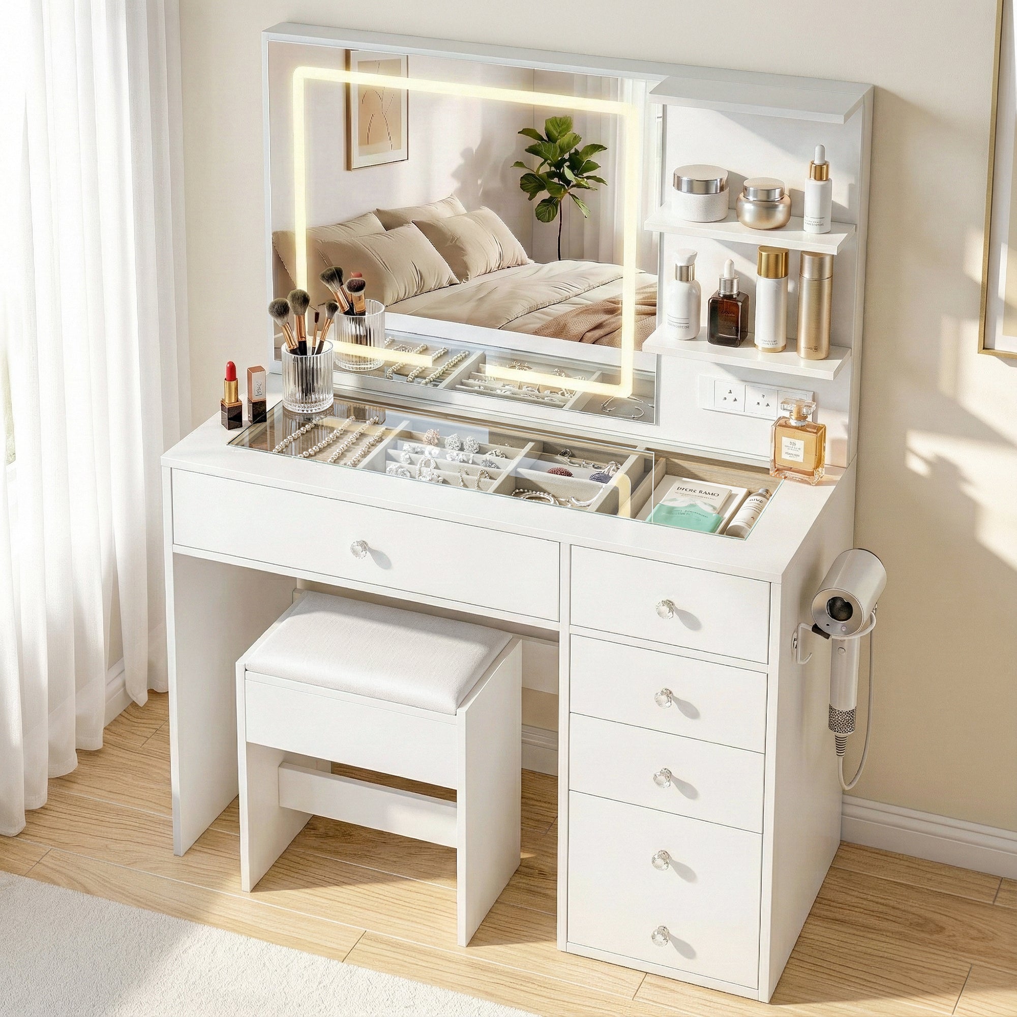 Dressing Table LED Vanity Desk Set Stool White - Furniture > Bedroom > Dressing Vanity & Dressing Tables - Rivercity House & Home Co. (ABN 18 642 972 209) - Affordable Modern Furniture Australia