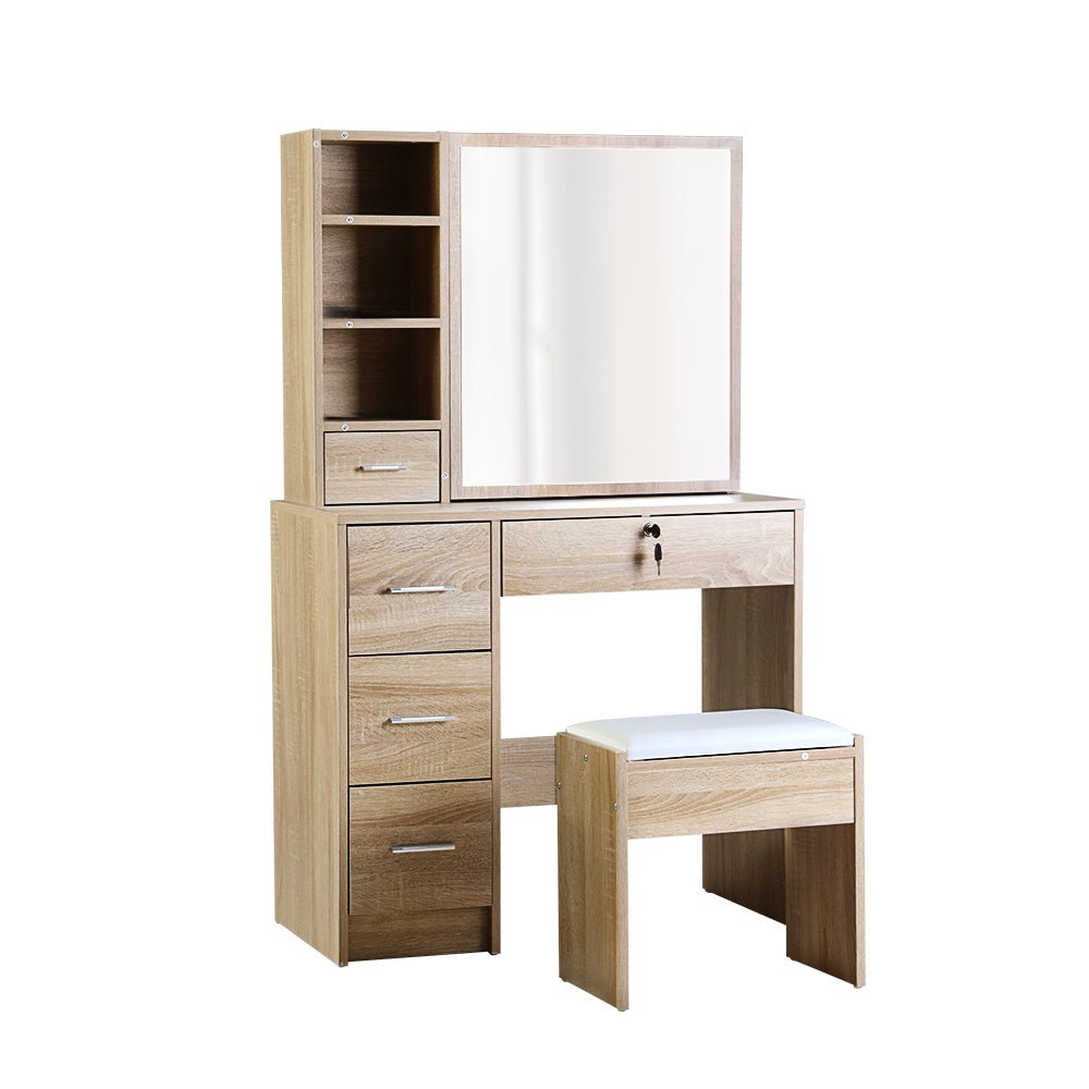 Dressing Table & Stool Set With Sliding Mirror Oak - Rivercity House & Home Co. (ABN 18 642 972 209) - Affordable Modern Furniture Australia