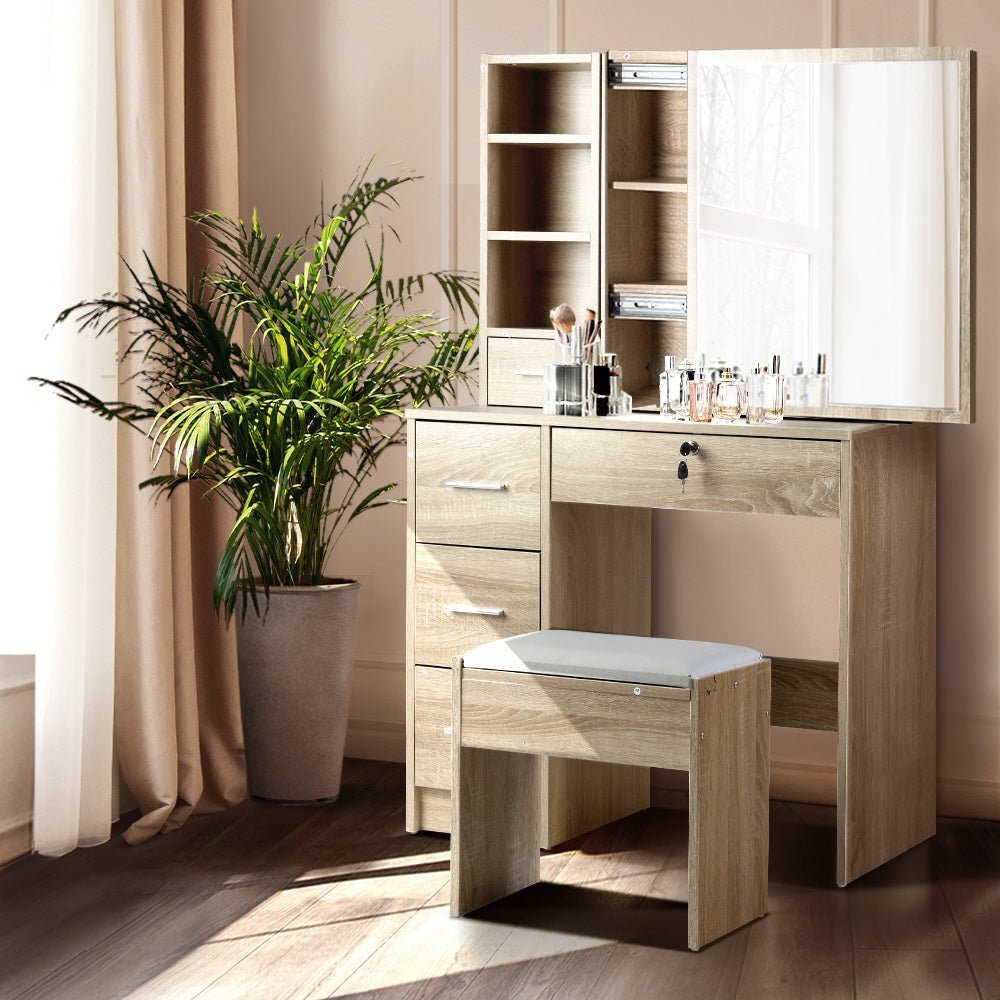 Dressing Table & Stool Set With Sliding Mirror Oak - Rivercity House & Home Co. (ABN 18 642 972 209) - Affordable Modern Furniture Australia