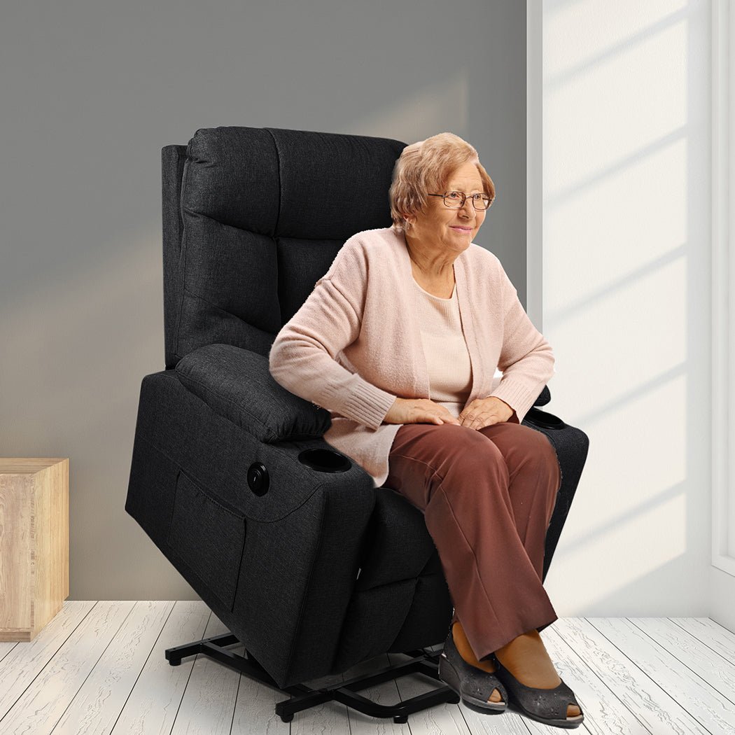 Electric Lift Recliner Chair with USB and Cup Holders - Black - Rivercity House & Home Co. (ABN 18 642 972 209) - Affordable Modern Furniture Australia