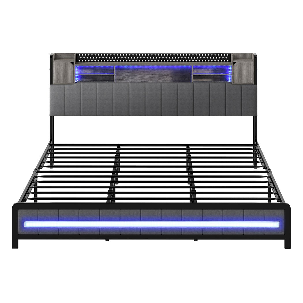 Elmore King LED Bed Frame with Storage Headboard and USB Charging - Grey - Rivercity House & Home Co. (ABN 18 642 972 209) - Affordable Modern Furniture Australia