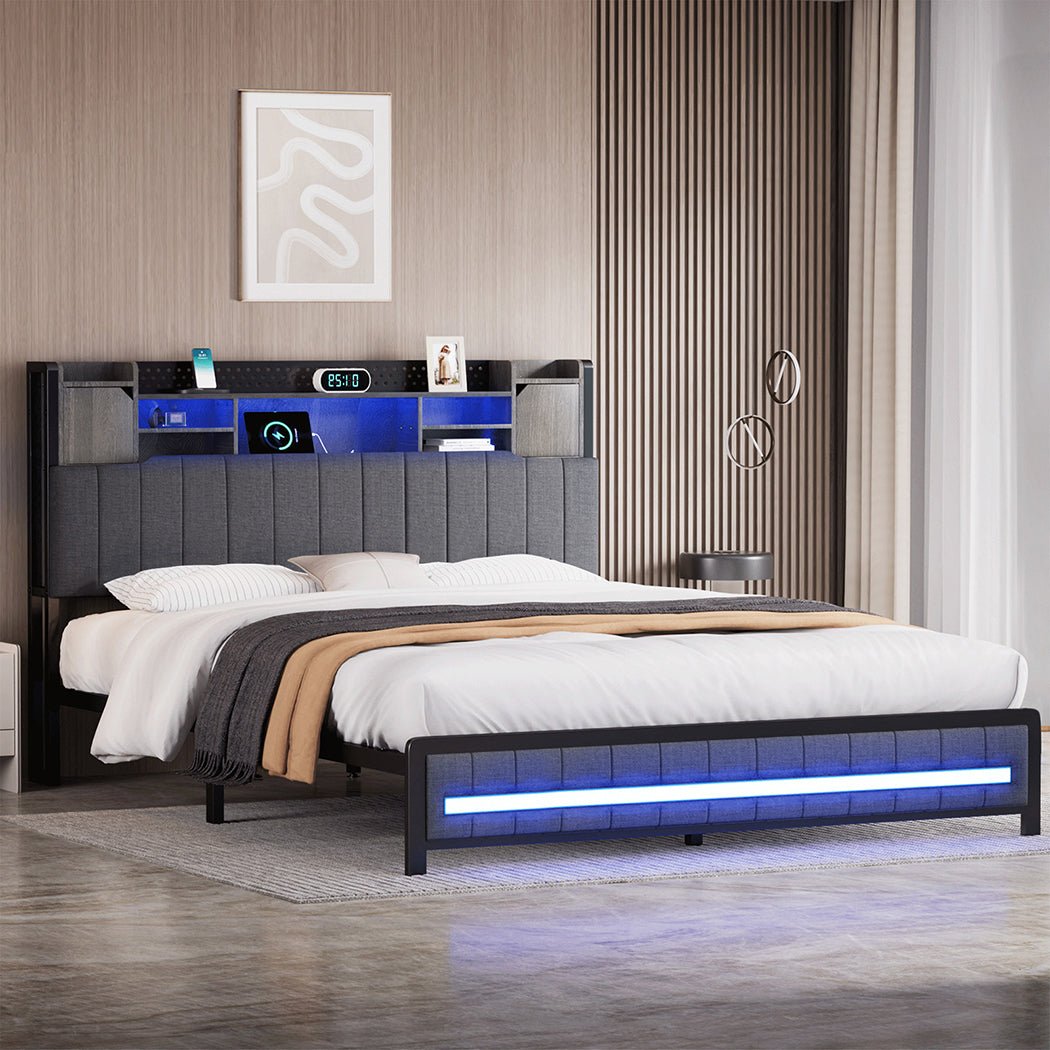 Elmore King LED Bed Frame with Storage Headboard and USB Charging - Grey - Rivercity House & Home Co. (ABN 18 642 972 209) - Affordable Modern Furniture Australia