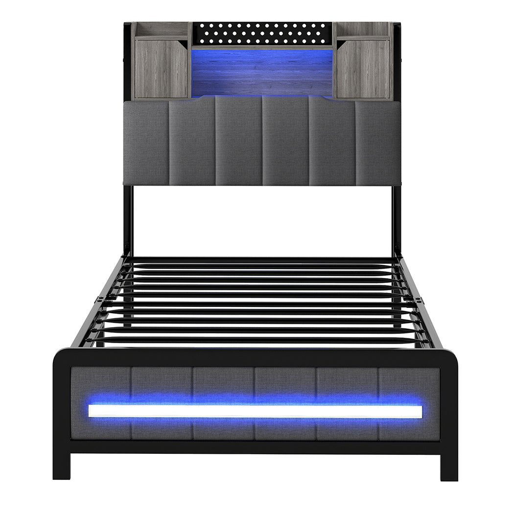 Elmore Single LED Bed Frame with Storage Headboard and USB Charging - Grey - Rivercity House & Home Co. (ABN 18 642 972 209) - Affordable Modern Furniture Australia
