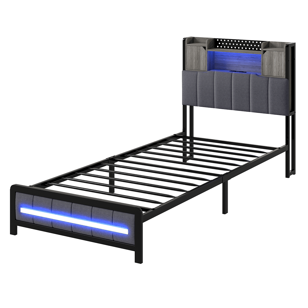 Elmore Single LED Bed Frame with Storage Headboard and USB Charging - Grey - Rivercity House & Home Co. (ABN 18 642 972 209) - Affordable Modern Furniture Australia