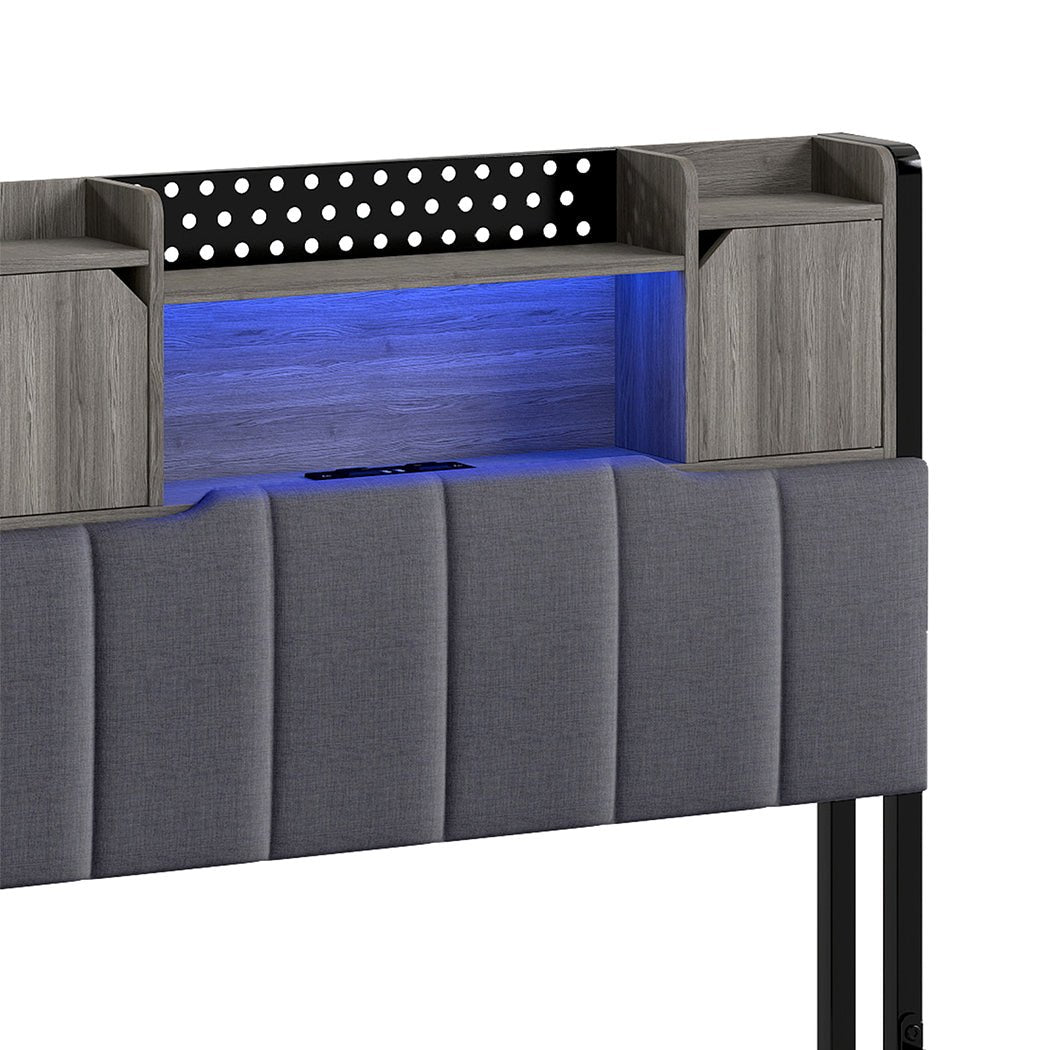 Elmore Single LED Bed Frame with Storage Headboard and USB Charging - Grey - Rivercity House & Home Co. (ABN 18 642 972 209) - Affordable Modern Furniture Australia