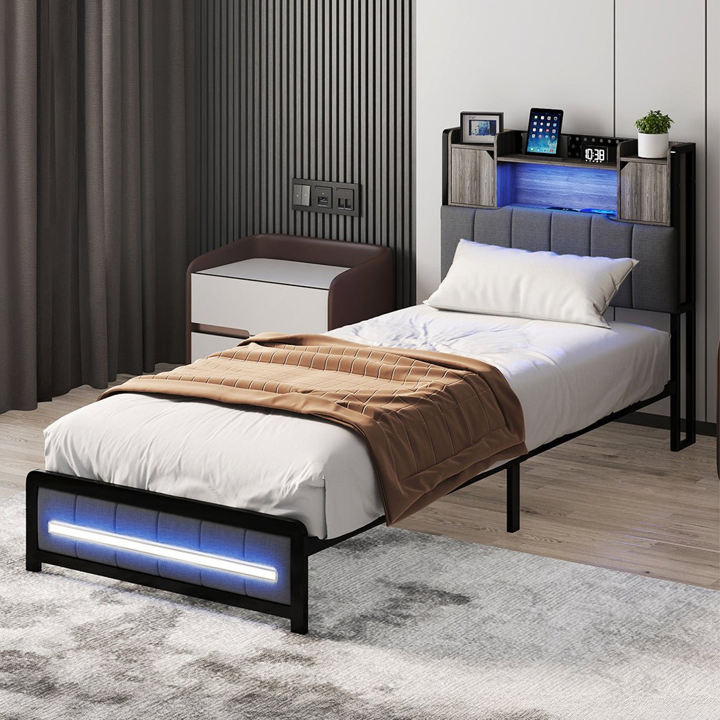 Elmore Single LED Bed Frame with Storage Headboard and USB Charging - Grey - Rivercity House & Home Co. (ABN 18 642 972 209) - Affordable Modern Furniture Australia