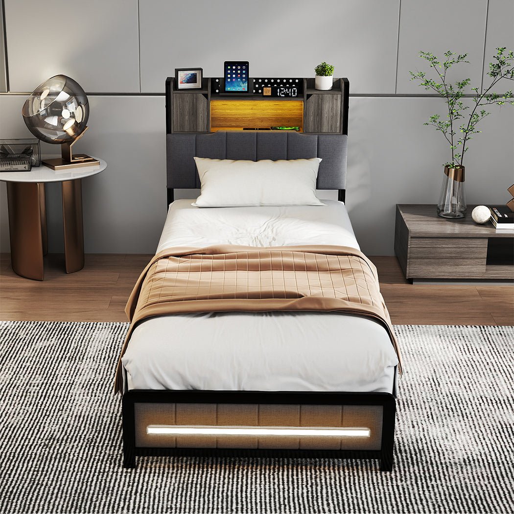 Elmore Single LED Bed Frame with Storage Headboard and USB Charging - Grey - Rivercity House & Home Co. (ABN 18 642 972 209) - Affordable Modern Furniture Australia