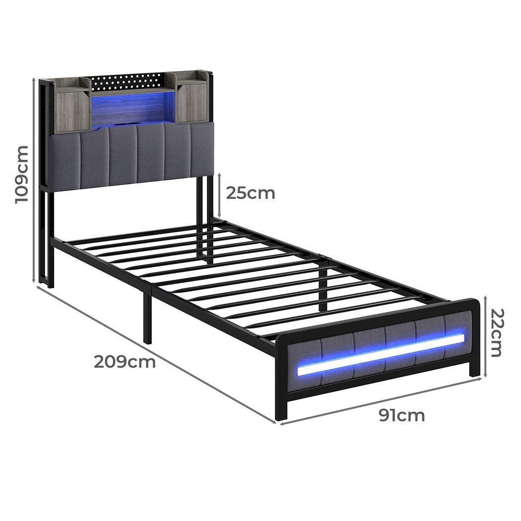Elmore Single LED Bed Frame with Storage Headboard and USB Charging - Grey - Rivercity House & Home Co. (ABN 18 642 972 209) - Affordable Modern Furniture Australia