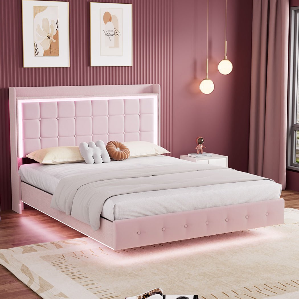 Evangeline King Floating LED Bed – Pink - Rivercity House & Home Co. (ABN 18 642 972 209) - Affordable Modern Furniture Australia