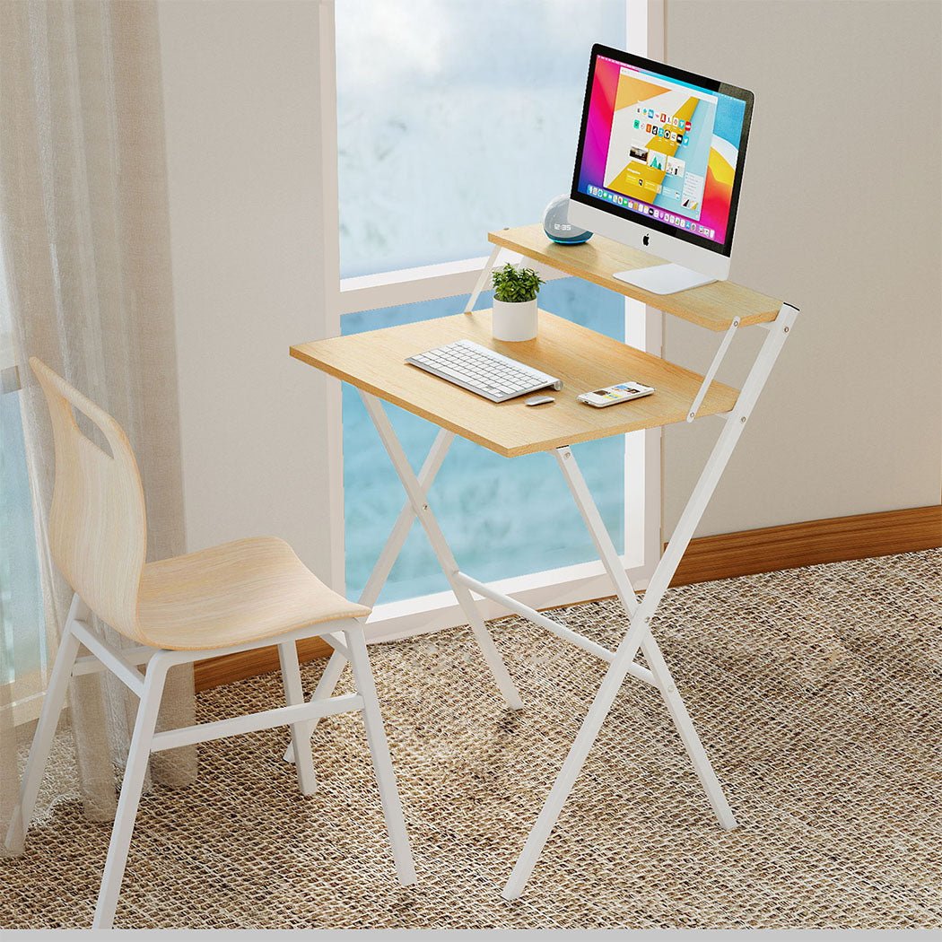 Foldable Computer Desk with Monitor Shelf Office Study Table - Oak and White - Rivercity House & Home Co. (ABN 18 642 972 209) - Affordable Modern Furniture Australia