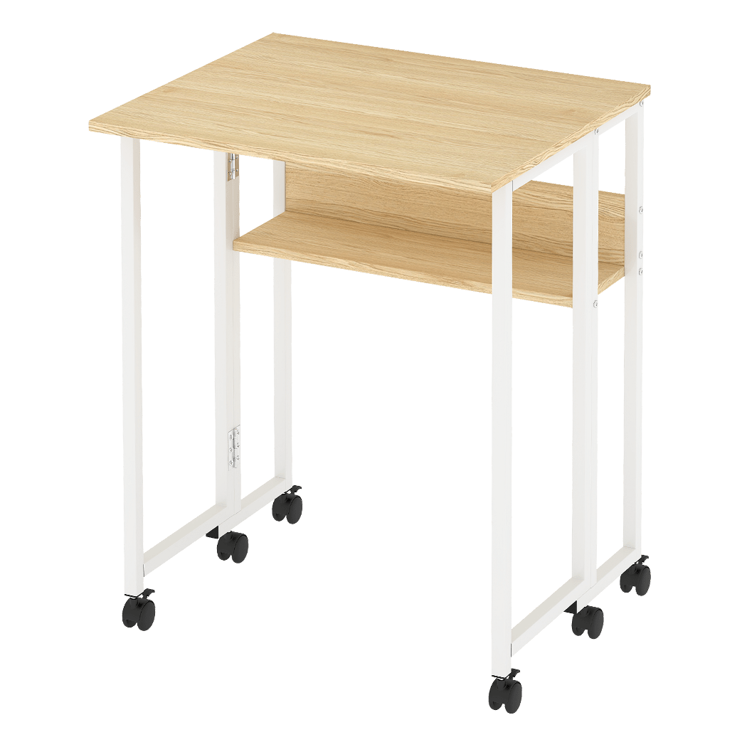 Foldable Computer Desk with Storage Shelf and Wheels for Home Office - Oak and White - Rivercity House & Home Co. (ABN 18 642 972 209) - Affordable Modern Furniture Australia
