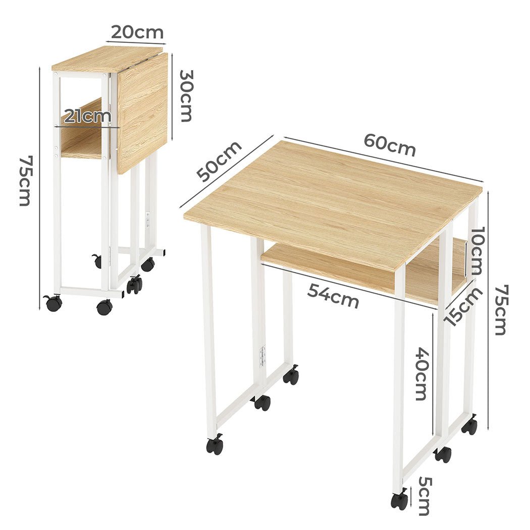 Foldable Computer Desk with Storage Shelf and Wheels for Home Office - Oak and White - Rivercity House & Home Co. (ABN 18 642 972 209) - Affordable Modern Furniture Australia