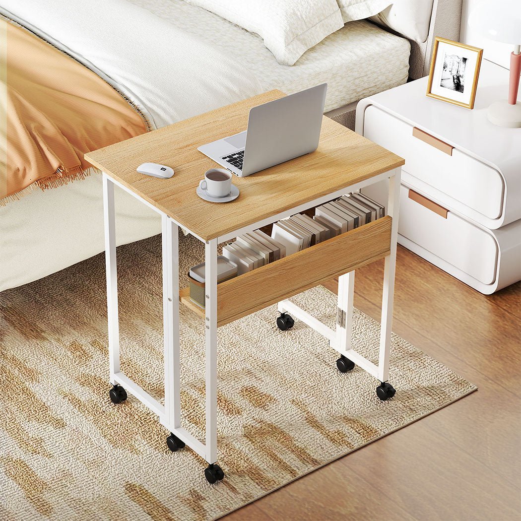 Foldable Computer Desk with Storage Shelf and Wheels for Home Office - Oak and White - Rivercity House & Home Co. (ABN 18 642 972 209) - Affordable Modern Furniture Australia