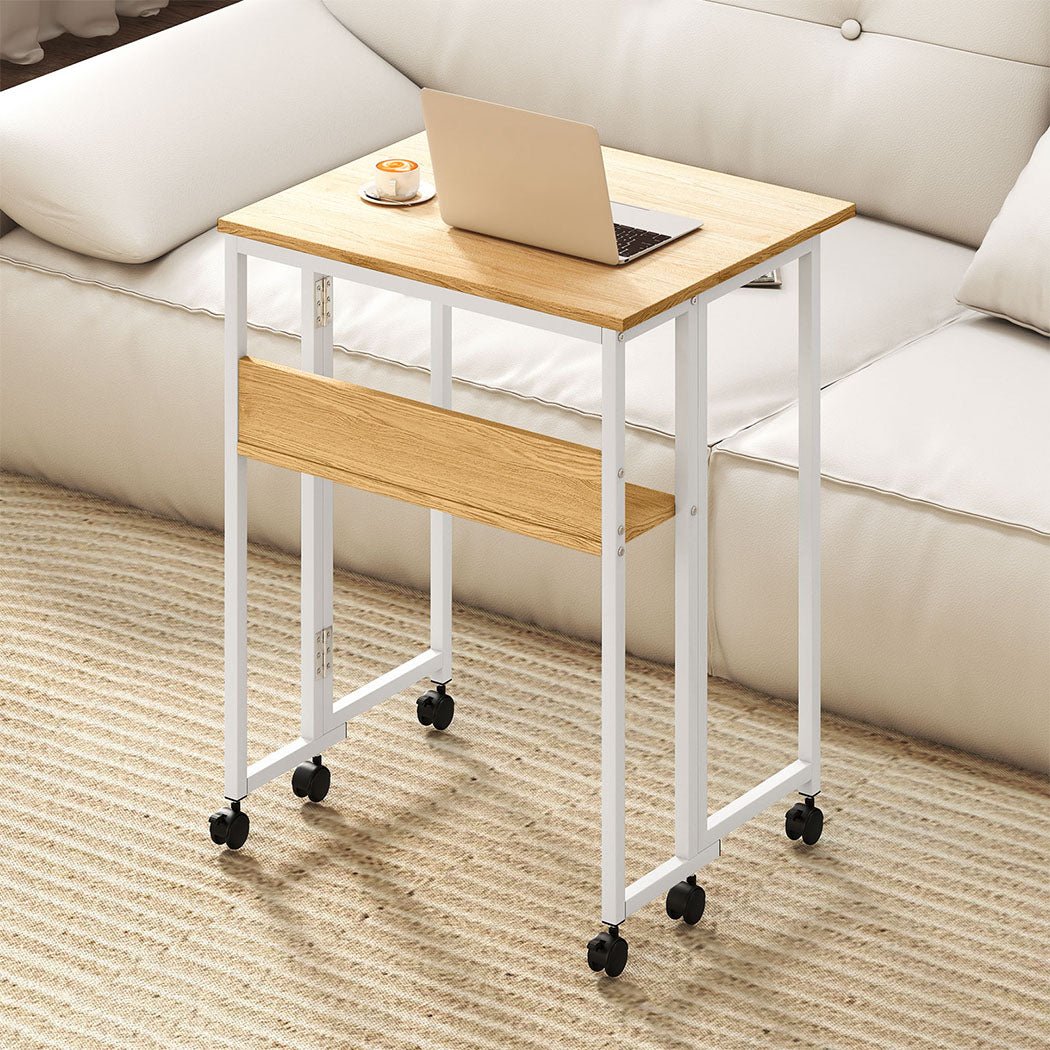 Foldable Computer Desk with Storage Shelf and Wheels for Home Office - Oak and White - Rivercity House & Home Co. (ABN 18 642 972 209) - Affordable Modern Furniture Australia