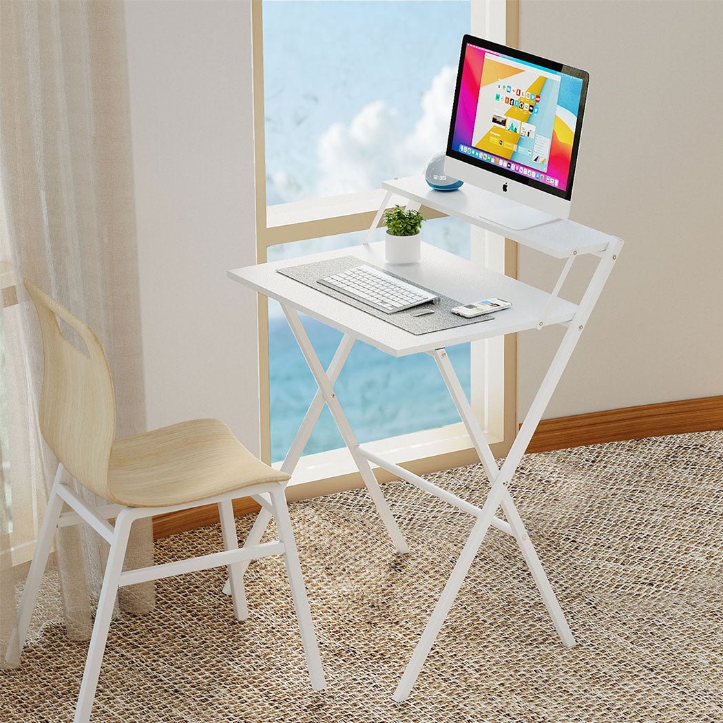 Foldable Office Study Computer Desk with Monitor Shelf - White - Rivercity House & Home Co. (ABN 18 642 972 209) - Affordable Modern Furniture Australia