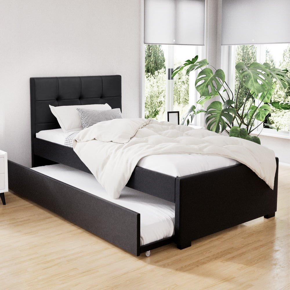 Fripp PU Leather King Single Trundle Bed Frame Base Black - Rivercity House & Home Co. (ABN 18 642 972 209) - Affordable Modern Furniture Australia