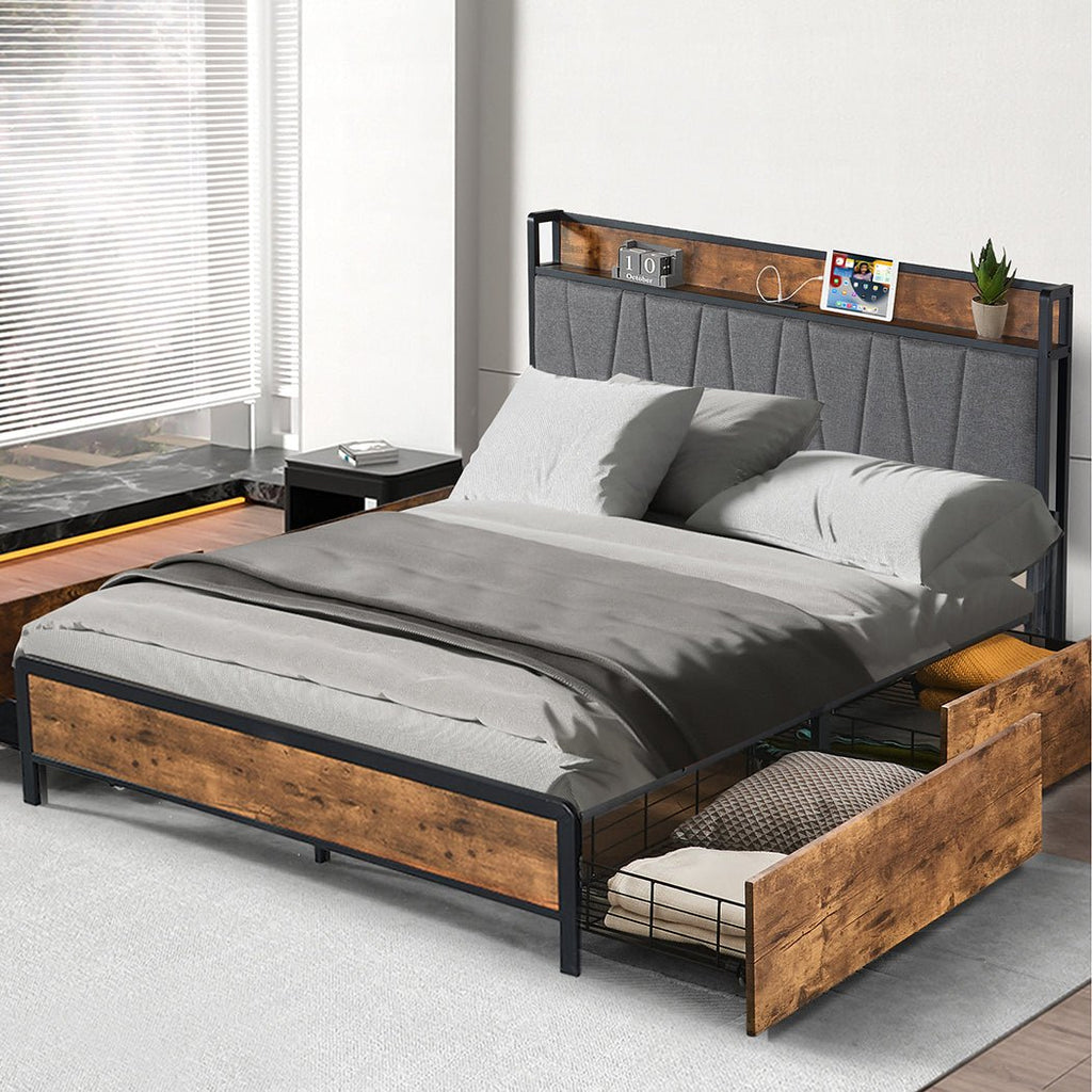 Grange Storage Queen Bed Frame with USB Ports & Drawers – Brown/Grey ...