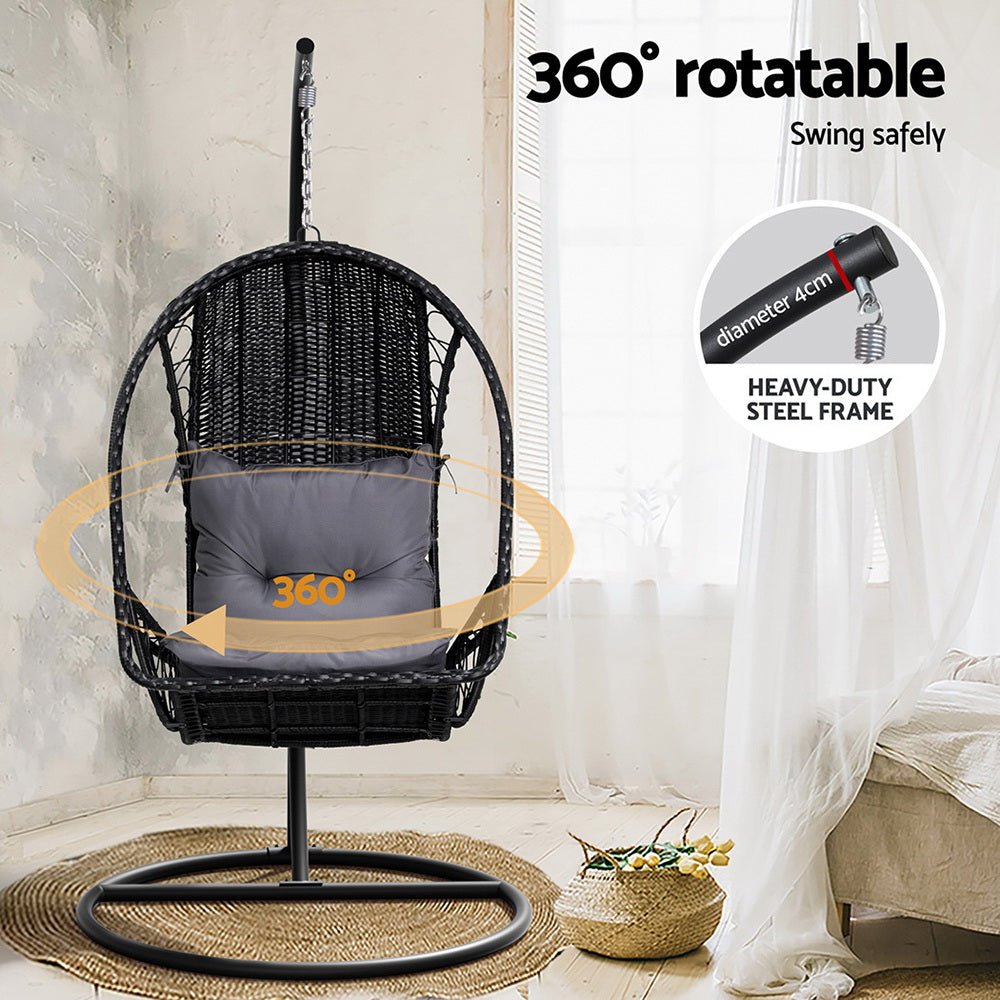 Hanging Wicker Pod Chair With Stand Black - Furniture > Outdoor - Rivercity House & Home Co. (ABN 18 642 972 209) - Affordable Modern Furniture Australia
