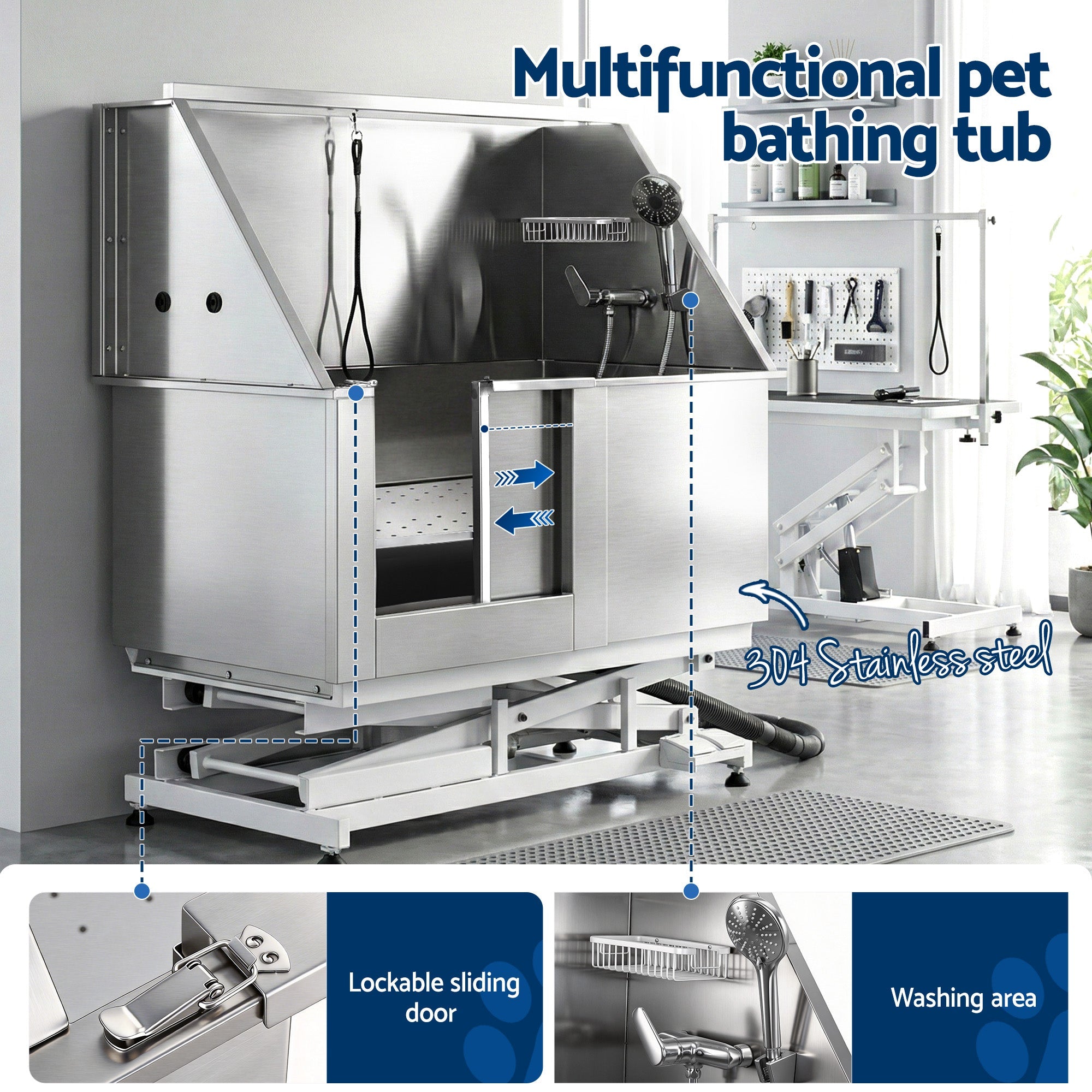 i.Pet Electric Adjustable Height Dog Bath Tub 127cm Stainless Steel - Silver and White - Pet Care > Cleaning & Maintenance > Pet Cleaning Supplies - Rivercity House & Home Co. (ABN 18 642 972 209) - Affordable Modern Furniture Australia