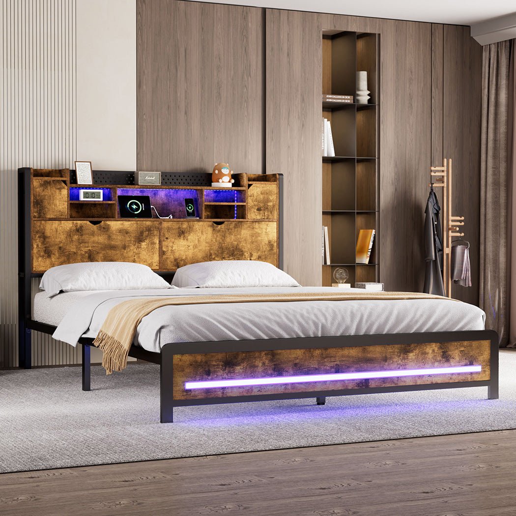 Kensley Double LED Storage Bed Frame – Industrial - Rivercity House & Home Co. (ABN 18 642 972 209) - Affordable Modern Furniture Australia