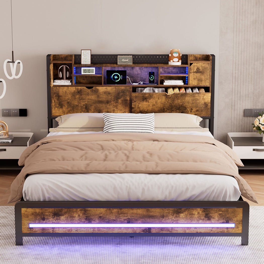 Kensley Queen LED Storage Bed Frame – Industrial - Rivercity House & Home Co. (ABN 18 642 972 209) - Affordable Modern Furniture Australia