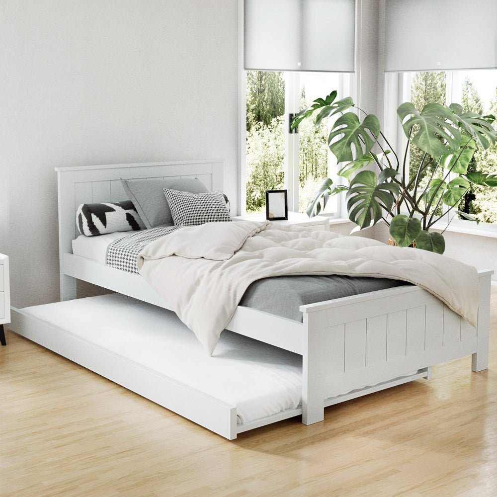 Kids Elvis Wooden King Single Trundle Bed Frame White - Rivercity House & Home Co. (ABN 18 642 972 209) - Affordable Modern Furniture Australia