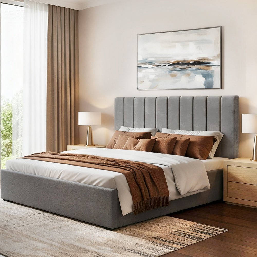 King Bed Frame with Storage Grey Velvet Headboard Gas Lift Platform Base - Furniture > Bedroom > Beds & Bed Frames - Rivercity House & Home Co. (ABN 18 642 972 209) - Affordable Modern Furniture Australia