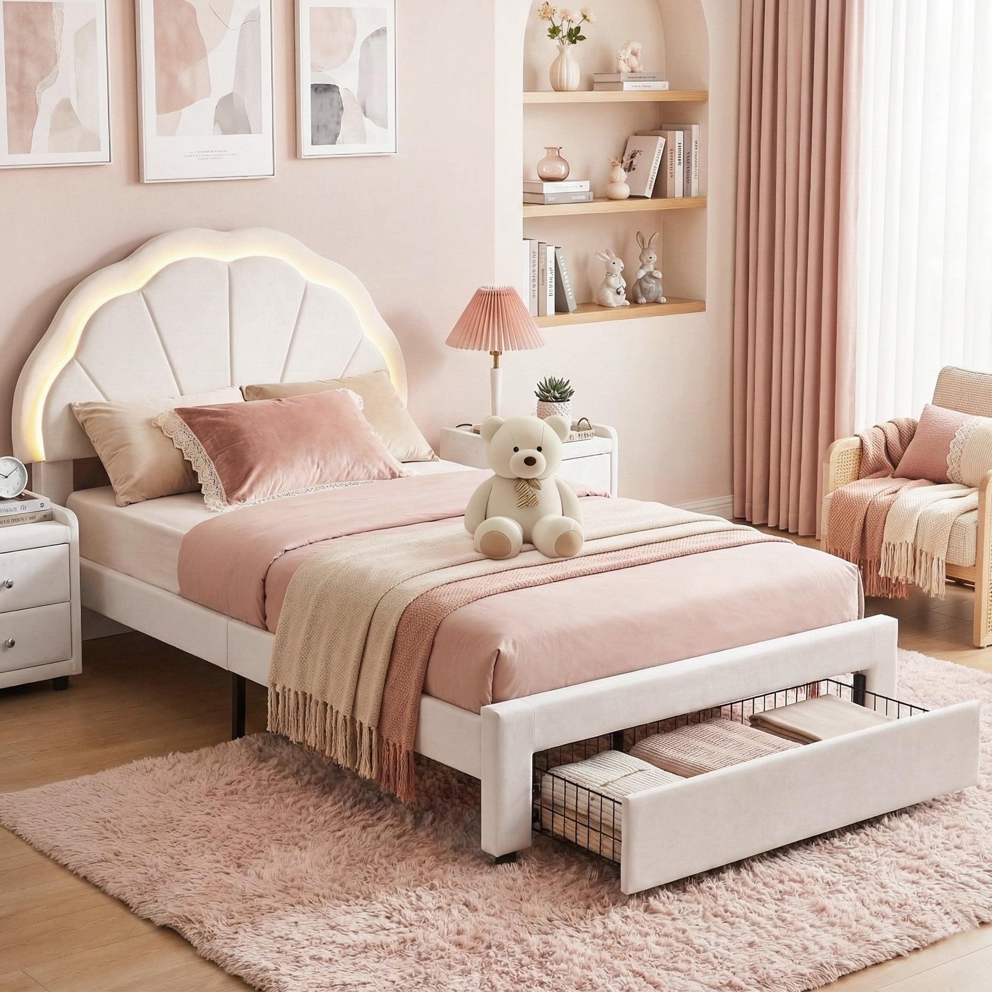 King Single Upholstered Velvet Platform Bed Frame with LED Headboard & Storage Drawer - Velvet - Furniture > Bedroom > Beds & Bed Frames - Rivercity House & Home Co. (ABN 18 642 972 209) - Affordable Modern Furniture Australia