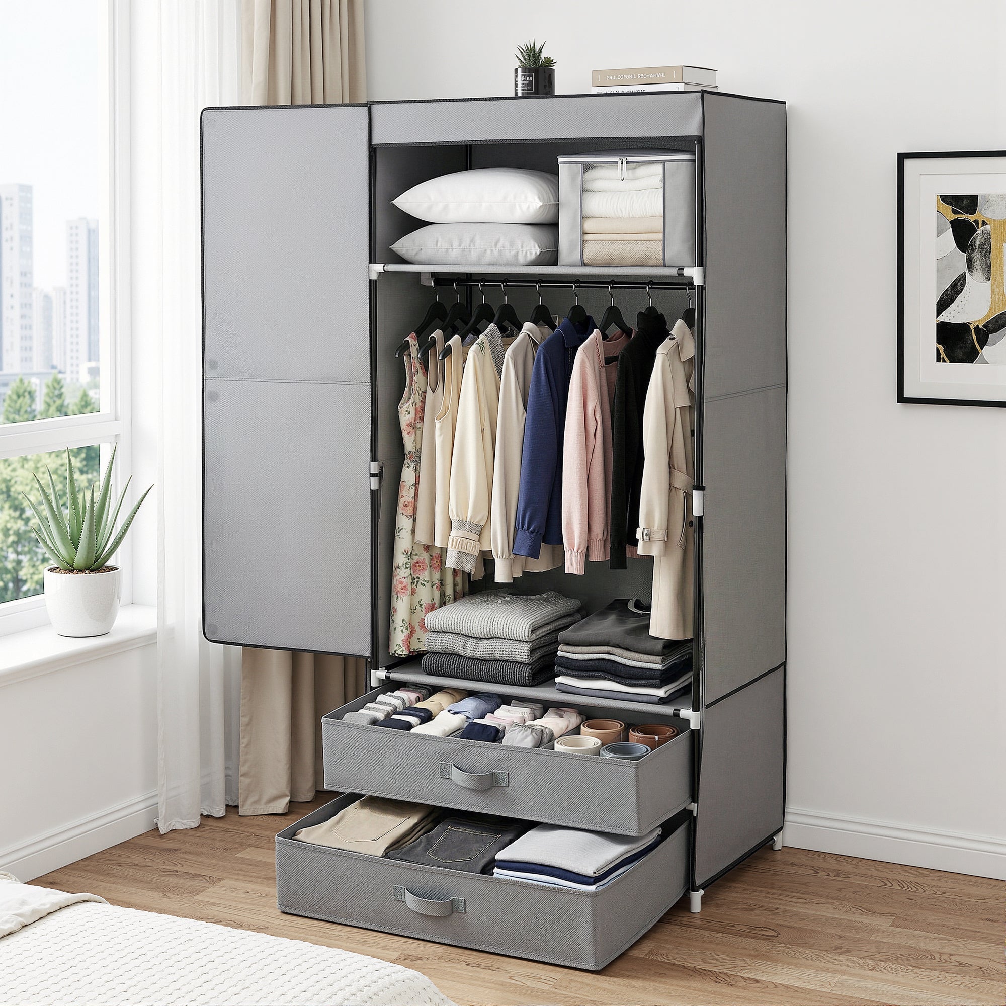Large Portable Clothes Closet Wardrobe with Magnetic Door Grey - Home & Garden > Storage > Clothing & Wardrobe Storage - Rivercity House & Home Co. (ABN 18 642 972 209) - Affordable Modern Furniture Australia