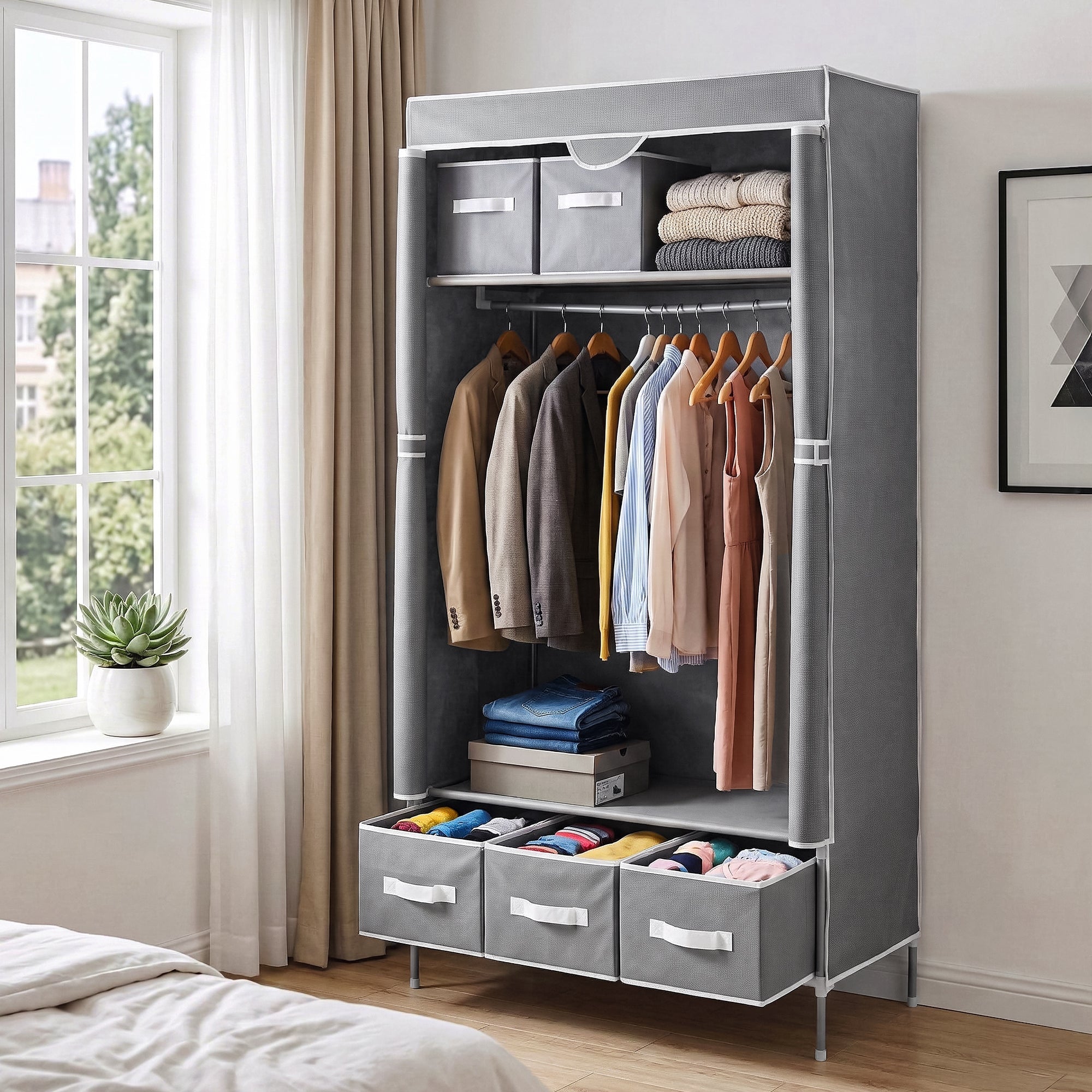 Large Portable Clothes Closet Wardrobe with Tiebacks Grey - Home & Garden > Storage > Clothing & Wardrobe Storage - Rivercity House & Home Co. (ABN 18 642 972 209) - Affordable Modern Furniture Australia